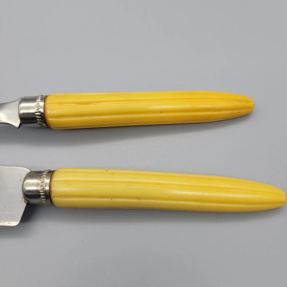 Vintage Stainless Steel‎ Carving Set 2pc Knife and Fork Yellow Fluted Handles